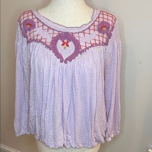 Free People Lilac Embroidered Boho Peasant Top Long Sleeve Women’s M